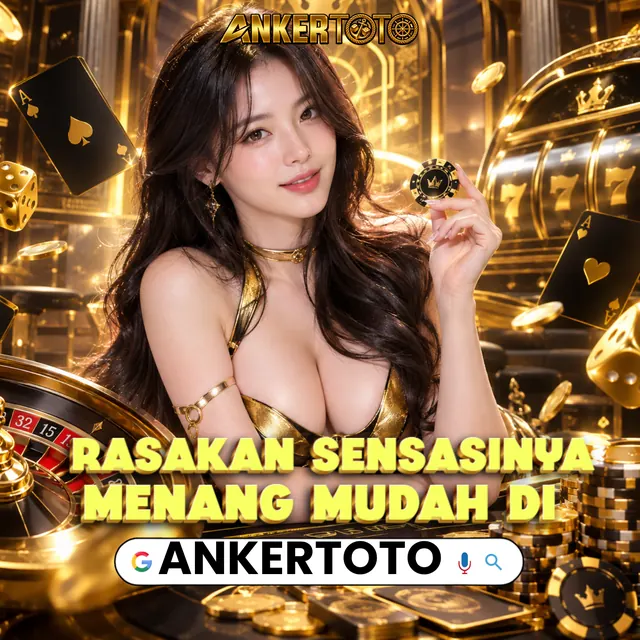 Poster Ankertoto bertema kasino dengan kartu, dadu, dan roulette emas